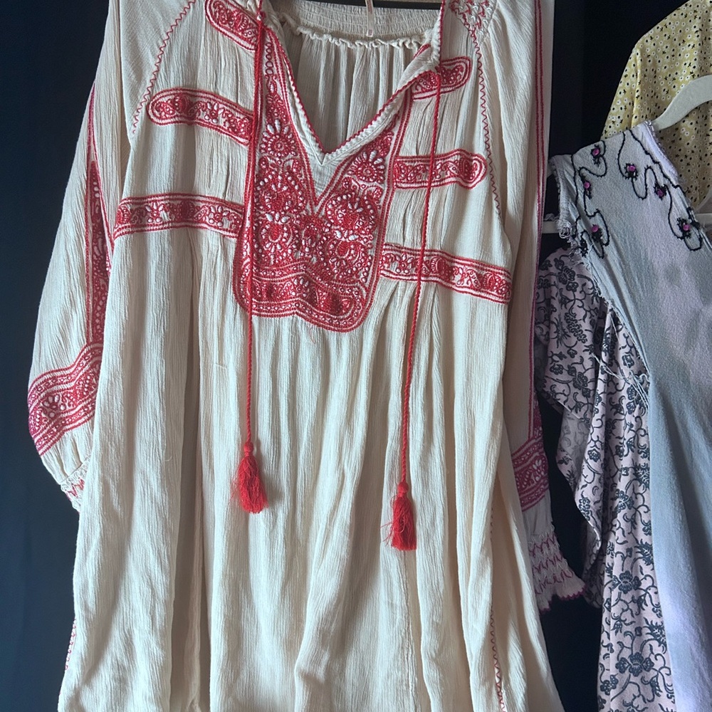 Embroidered Cream and Red Women's Top